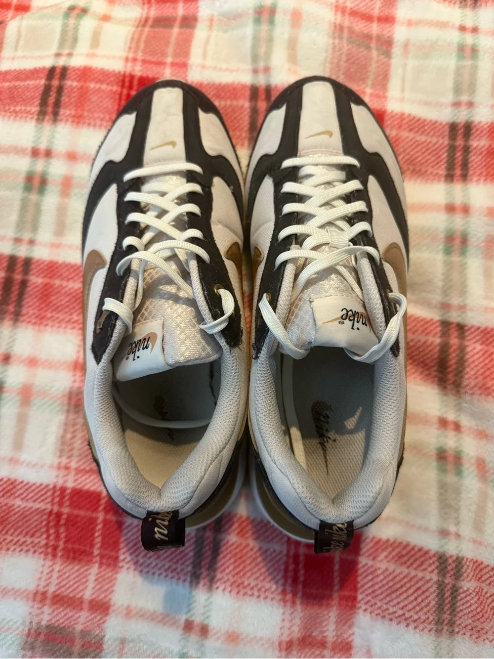 Nike Women’s Air Max Dawn White and Gold Athletic Sneakers with Black Accents